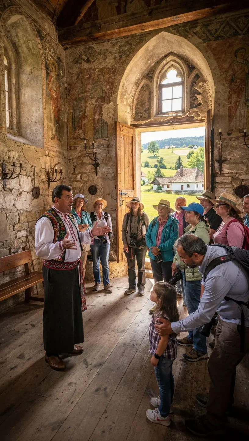 Un grup de călători discutând despre planurile lor de zi într-o cafenea locală.